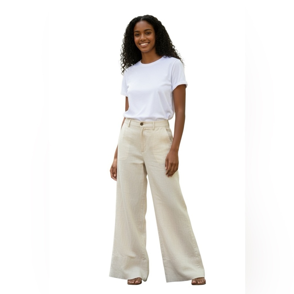 JOIE womens cream wide leg linen pants size large 100% flowy trousers soft ivory